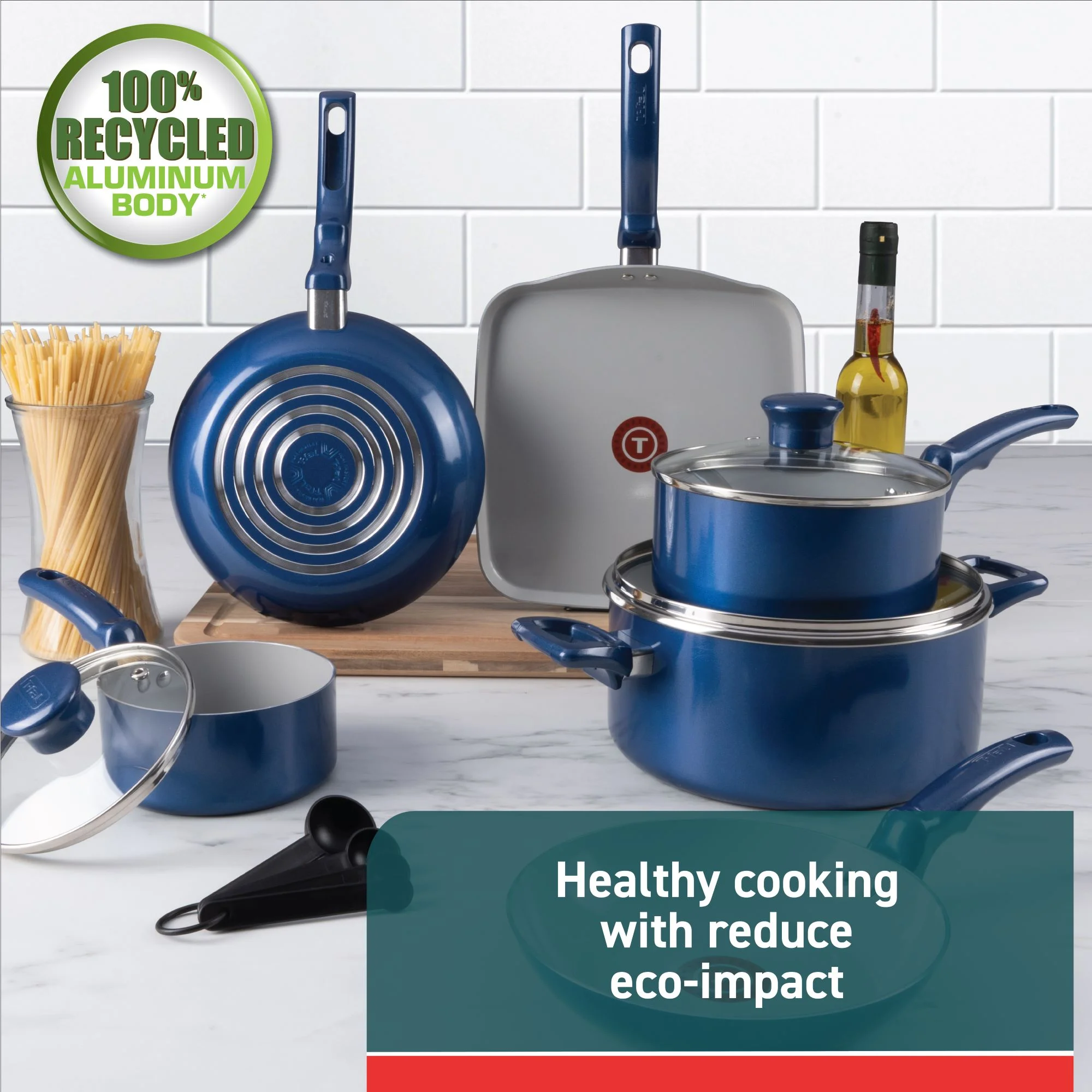 T-fal Kitchen Solutions 14-Piece Ceramic Non-Stick Cookware Set, Blue