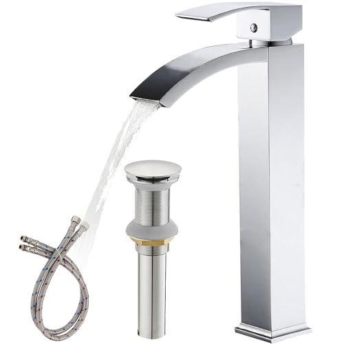 Brushed Nickel Vessel Sink Faucet, Waterfall Bathroom Faucets, Tall Spout Single Handle Single Hole Bathroom Faucets with Pop Up Drain and Without Overflow Basin Faucet Supply Line