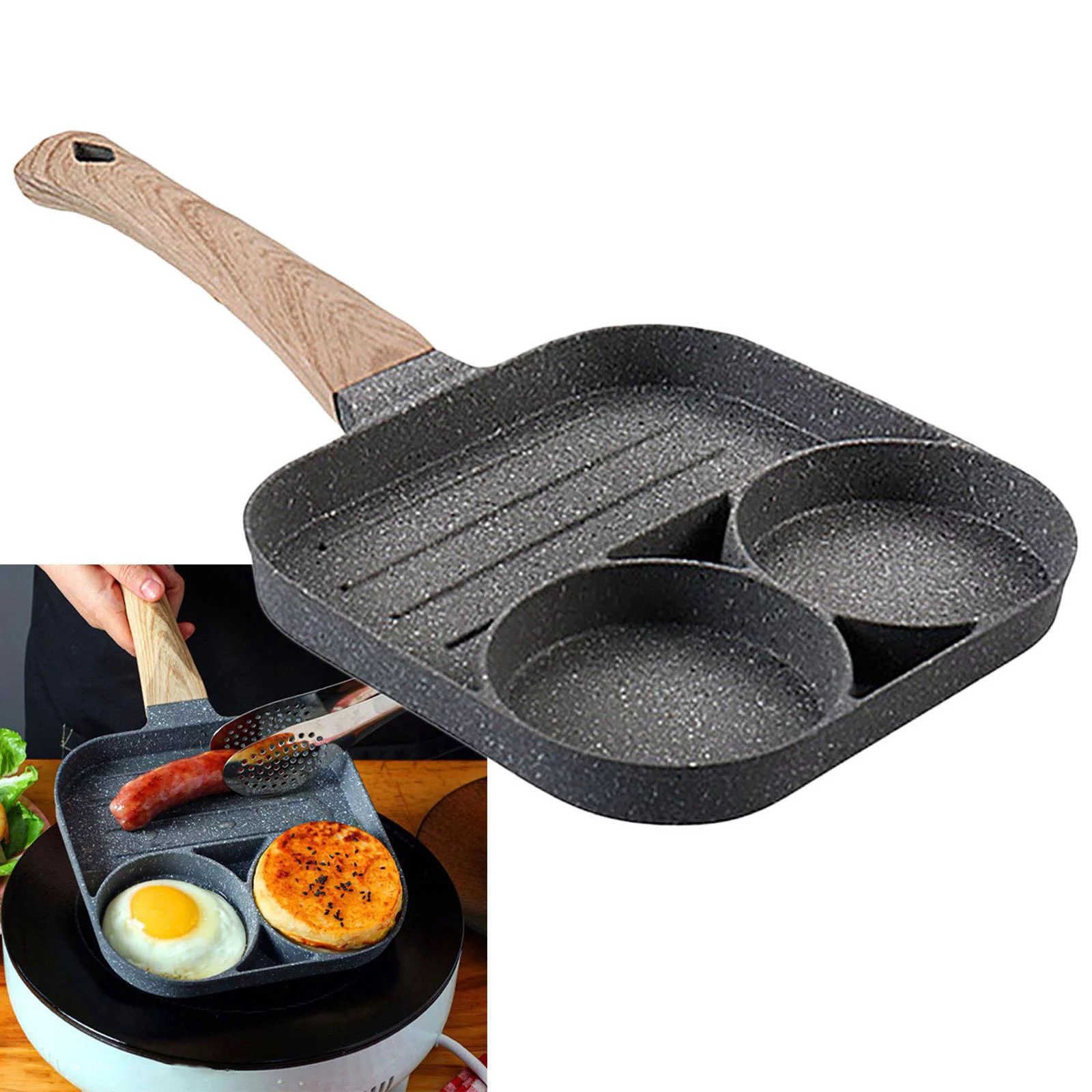 Medical Stone Egg Frying Stick 3-Cup Steak Pancake Sausage Omelet Cooker Pan with Long Kitchen Cooking Tool