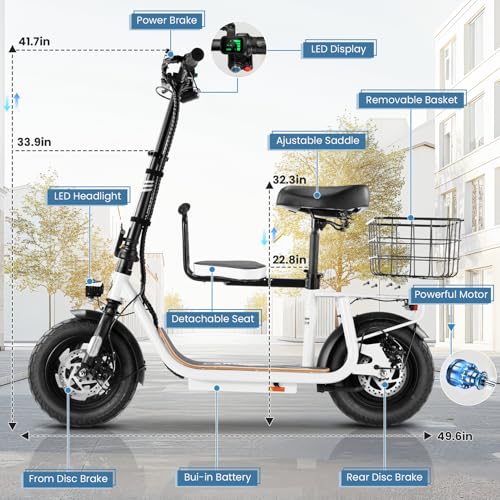 Caroma Peak 500W/800W/1200W Electric Scooter with Seat, 30 Miles Max Range Electric Scooter Adults&Teens, 48V Large Battery, 20MPH Top Speed Foldable Ebike, Adjustable E-Bike with Basket&Kid Seat