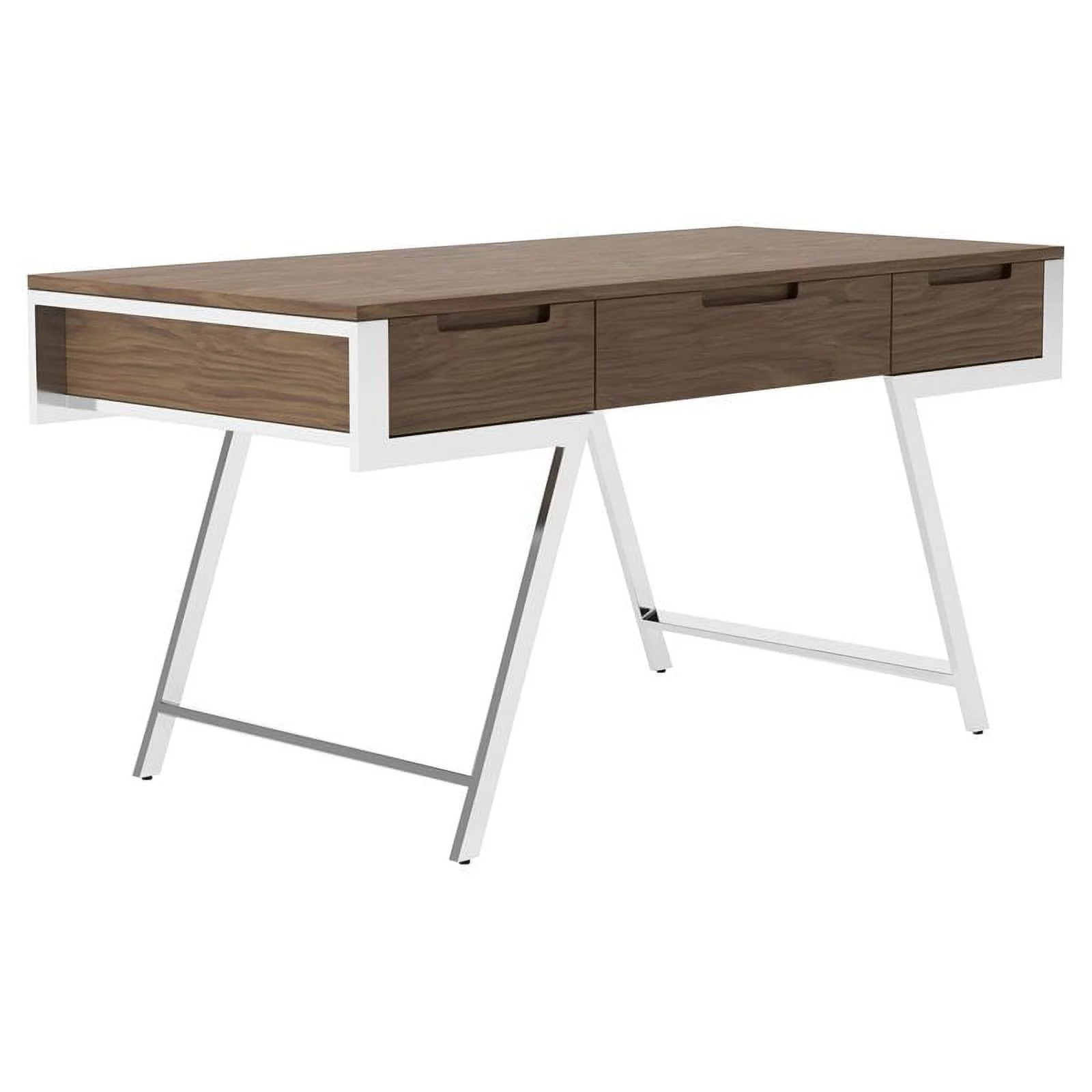 Modrest Dessart 3-Drawer Modern Veneer & Stainless Steel Desk in Walnut/Chrome