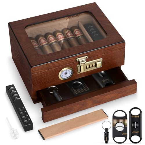 Cigar Humidor, Cedar Wood Humidor Cigar Box, Glass Top Desktop Humidor with Front Hygrometer, Humidifier, Divider, Accessories Drawer and Combination Lock, Cigar Gifts for Men (Black)