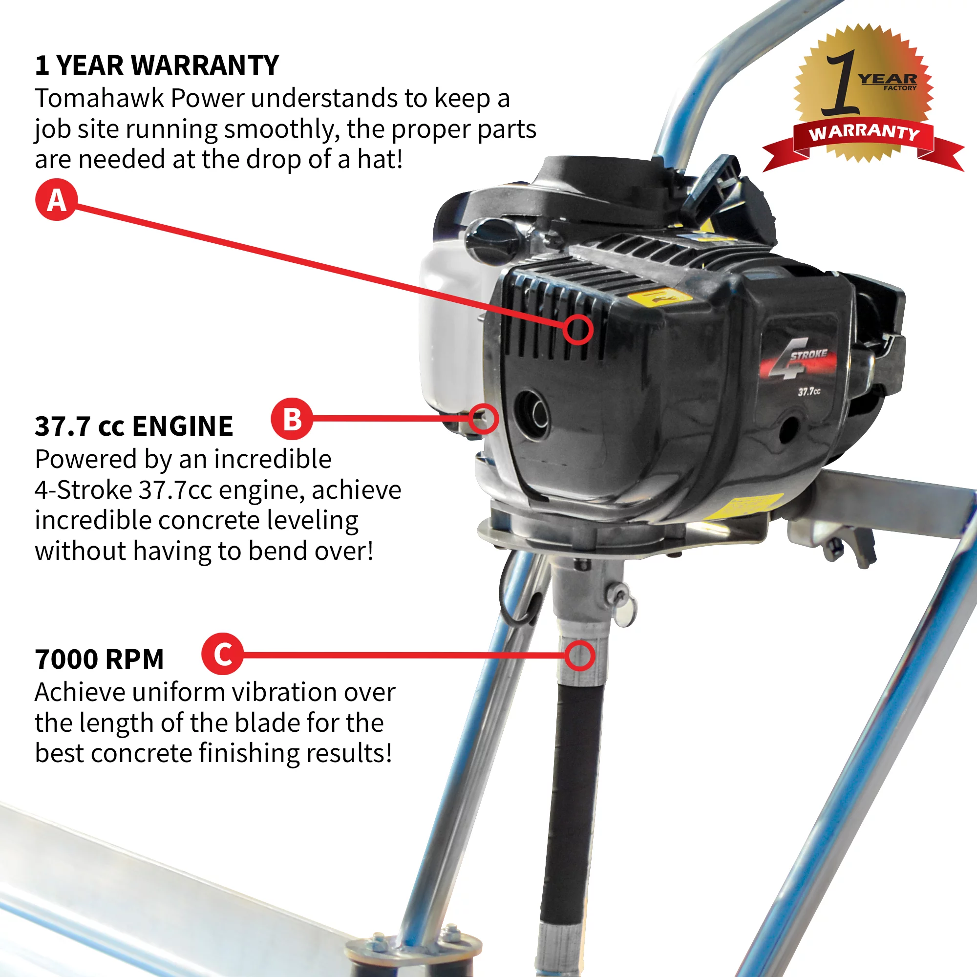 TOMAHAWK 37.7cc Gas Concrete Power Screed Cement Finishing Vibrating Motor with 8ft Aluminum Board Straight Edge Bar Set