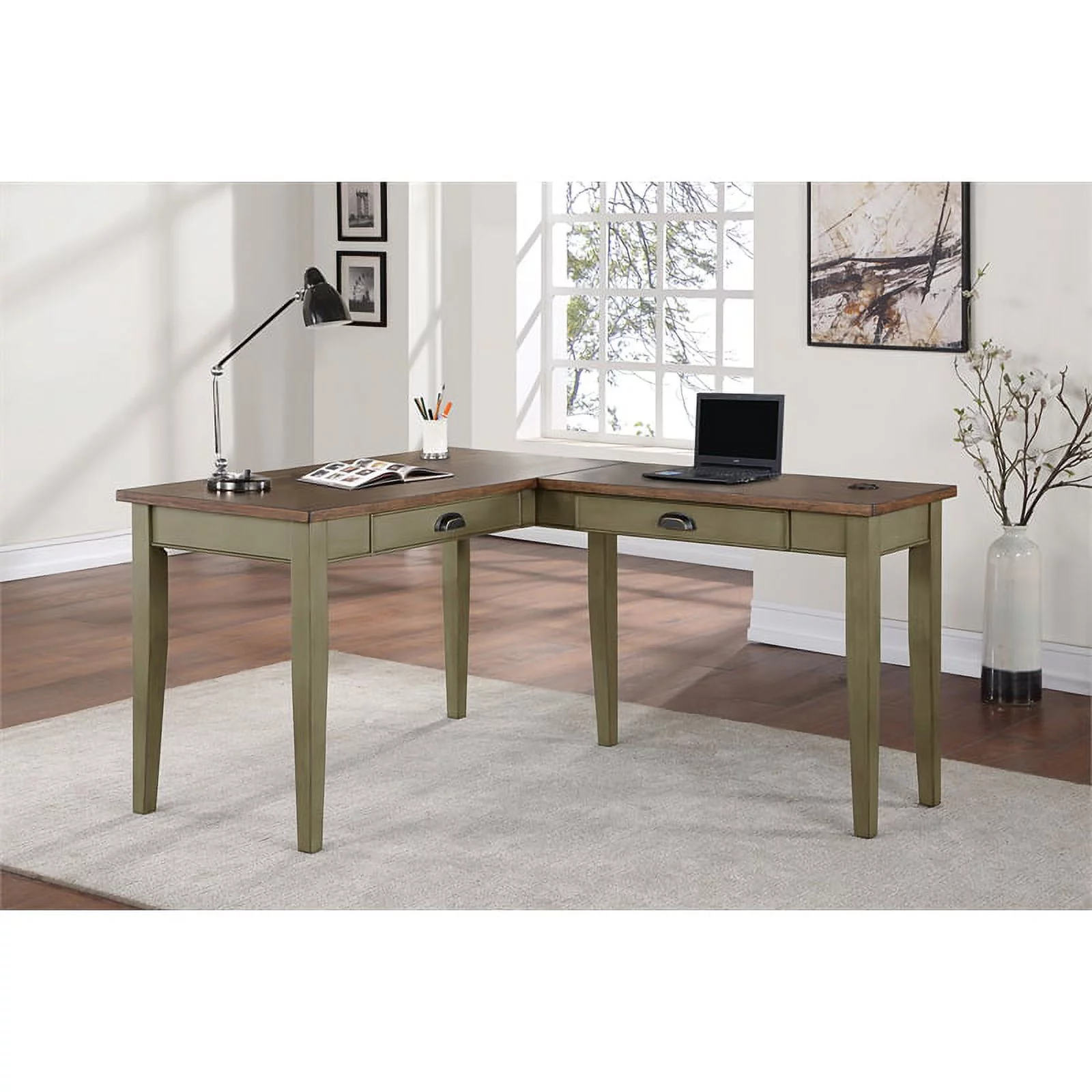 Bowery Hill Open L-shaped Wood Writing Desk & Return in Sage Green/Natural