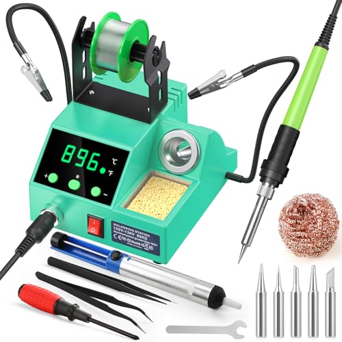 Soldering Station, 100W Digital Display Soldering Iron Station Kit with 2 Helping Hands, 356°F - 896°F, Auto Sleep, °C/°F Conversion, Solder Wire, Tips, Stand, Pump, Tweezers, Tip Cleaner, Green
