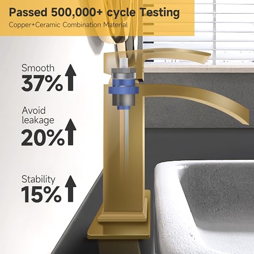 Brushed Nickel Vessel Sink Faucet, Waterfall Bathroom Faucets, Tall Spout Single Handle Single Hole Bathroom Faucets with Pop Up Drain and Without Overflow Basin Faucet Supply Line