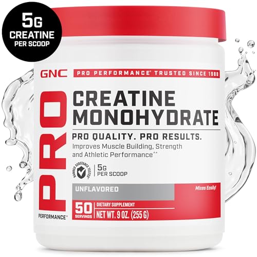 GNC Pro Performance Creatine Monohydrate Powder for Women & Men, 5g Creatine Per Serving, Muscle Building, Energy Production, Endurance, Performance, 50 Servings