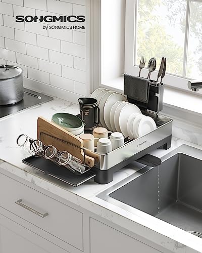 SONGMICS Large Dish Drying Rack, Premium Stainless Steel Dish Rack with Rotatable Spout, Fingerprint-Resistant Dish Drainers for Kitchen Counter, 12.5 x 22.5 in, Silver and Gray UKCS030E01