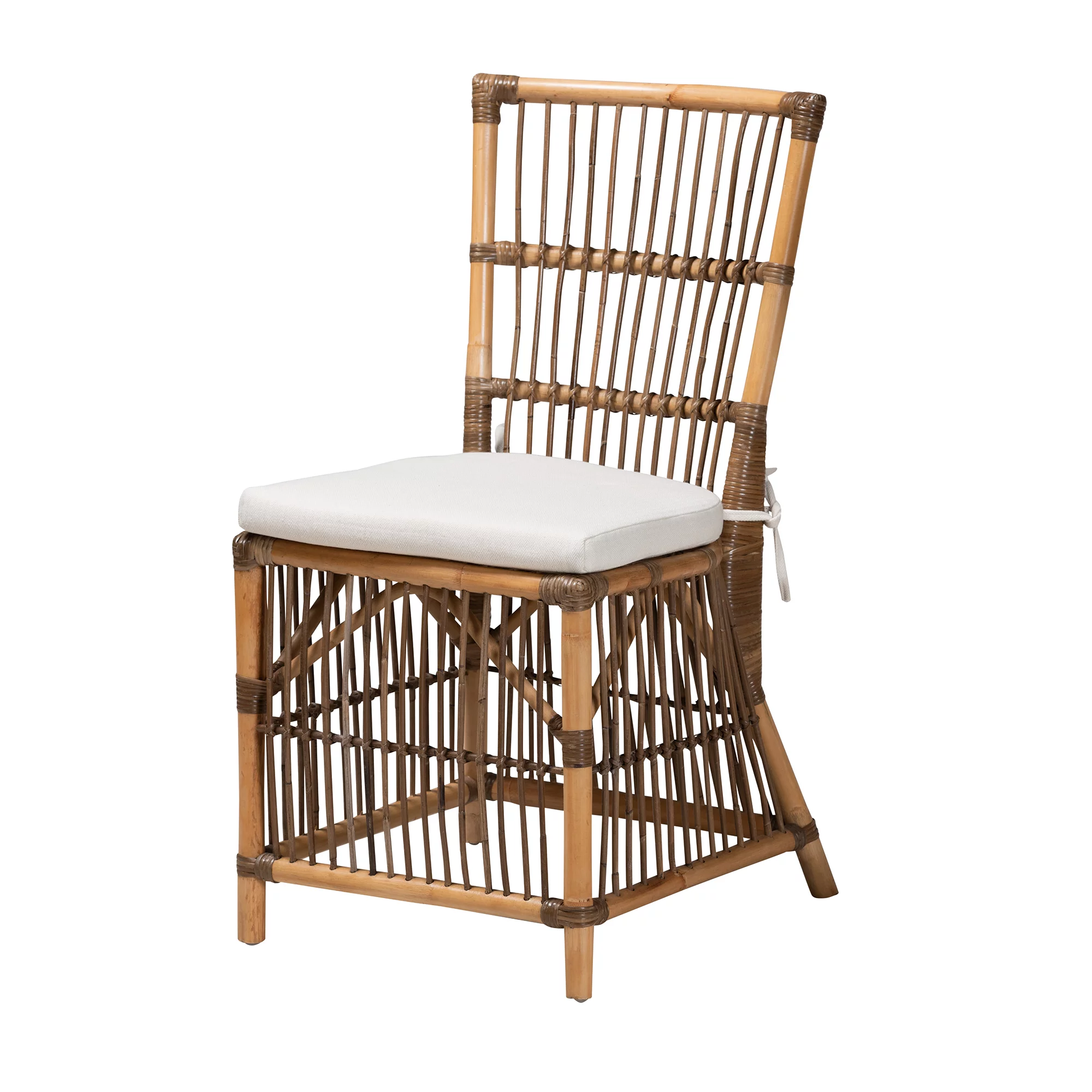 bali & pari Kim Modern Bohemian White Fabric and Natural Brown Rattan Dining Chair