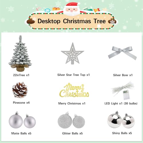 Tabletop Christmas Tree with Lights 22 Inch Mini Artificial White Christmas Tree with 30 LED String Lights, Star Tree, Tabletop Small Xmas Tree for Holiday Indoor DIY Christmas Decor