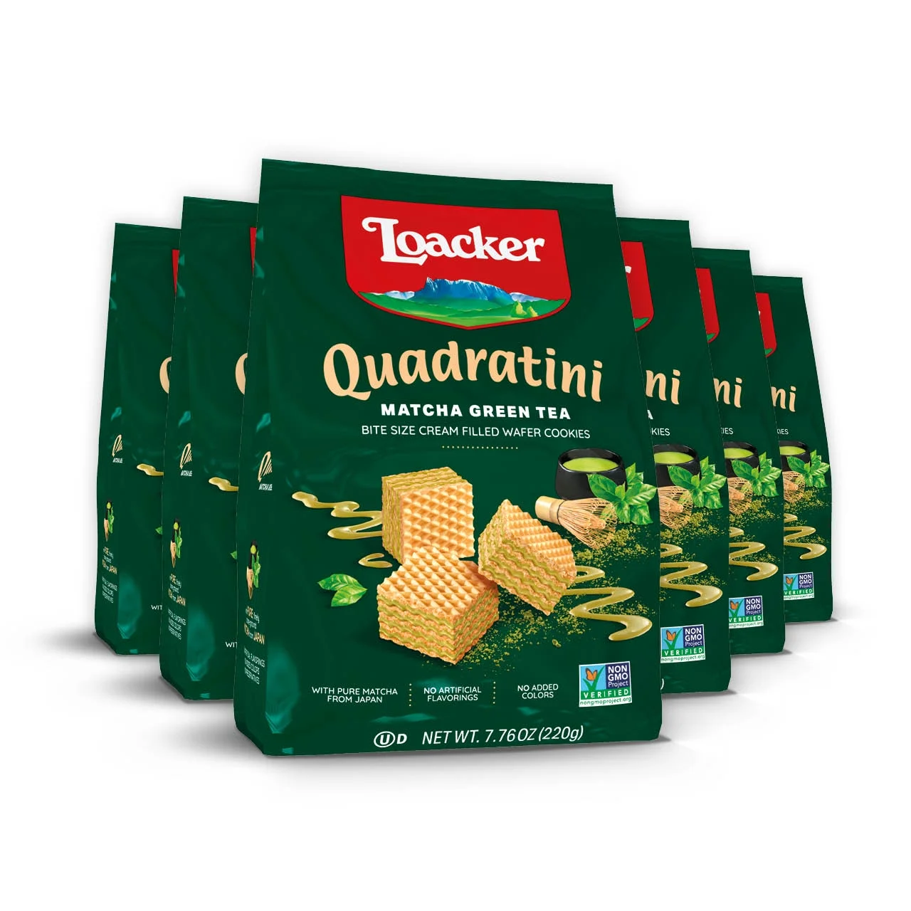 Loacker Quadratini Matcha, Cream-Filled Bite-Size Wafer Cookies, 7.76 oz, Pack of 6