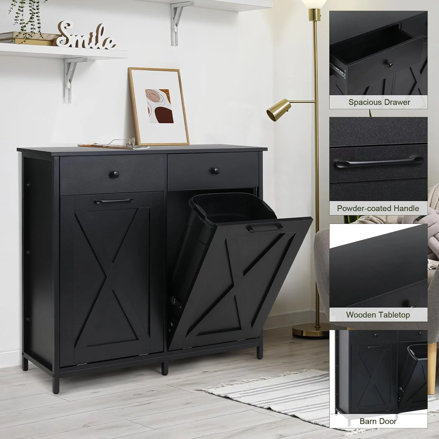 Arlopu Double Tilt Out Trash Cabinet Freestanding Kitchen Recycling Cabinet Garbage Can Holder with Drawers