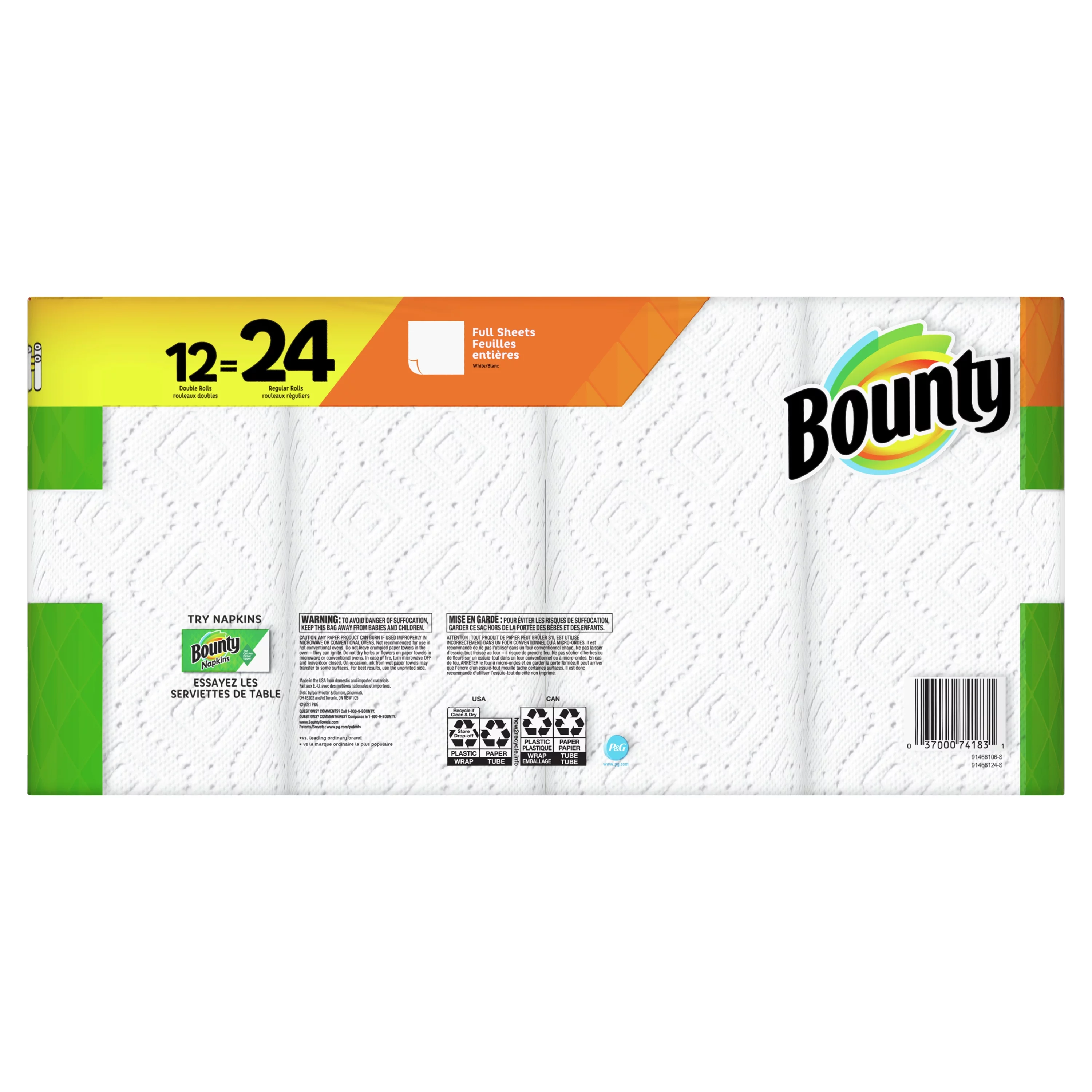 Bounty Paper Towels, White, 12 Double Rolls = 24 Regular Rolls, 12 Ct