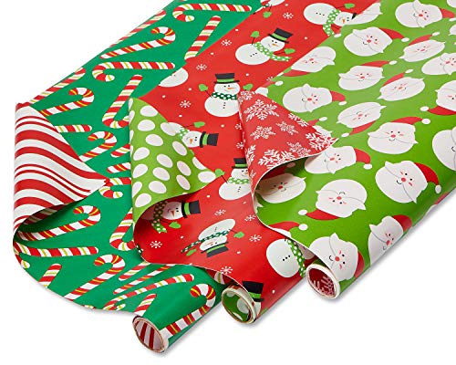 American Greetings Kids Christmas Wrapping Paper Set, Holiday Gift Wrap for Boys and Girls (120 sq. ft., 4 rolls-30 in. x 12 ft., 7 Adhesive Bows, 30 Gift Tag Stickers) Santa and Snowmen