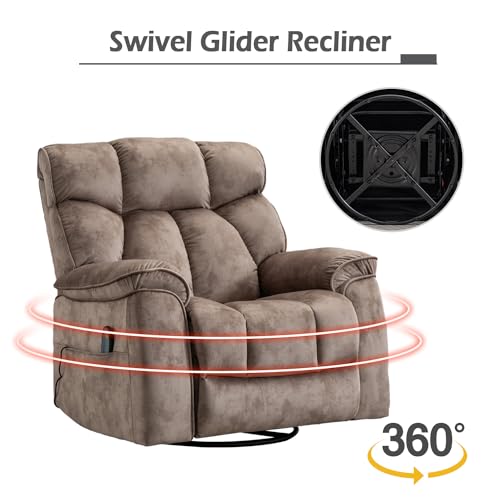 INZOY Massage Swivel Rocker Recliner with Heat and Vibration, Manual Rocking Recliner Chair with Vibrating Massage, Comfy Padded Overstuffed Soft Fabric Heated Recliner, Brown