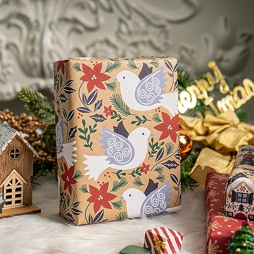 RUSPEPA Christmas Kraft Wrapping Paper - Owl, Reindeer, Christmas Ball and Text Design - 4 Rolls - 30 inches x 10 feet per Roll