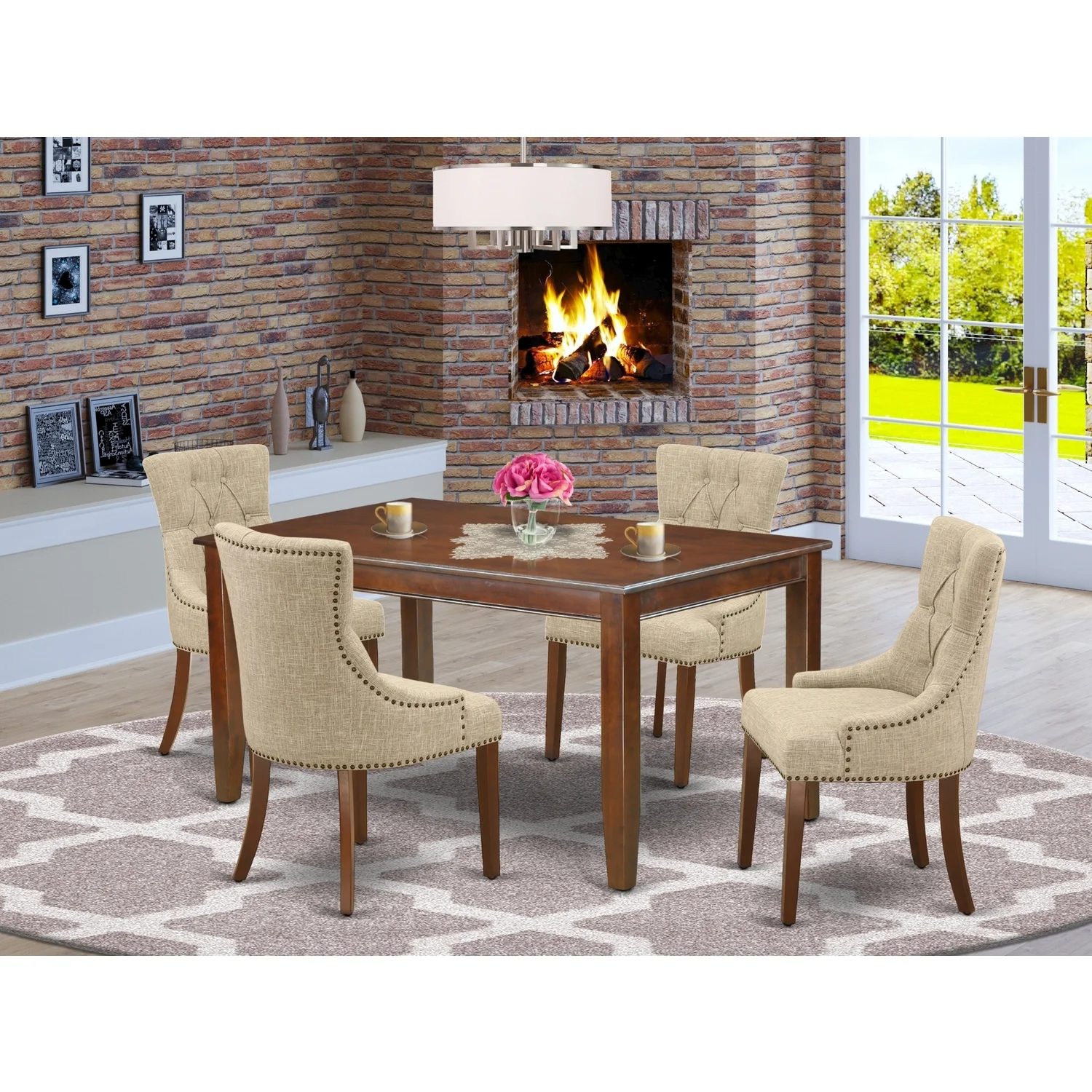 HomeStock Vintage Vogue 5Pc Dining Set Includes A Rectangle Dining Table And Four Four Parson Chairs With Doeskin Fabric, Mahogany Finish