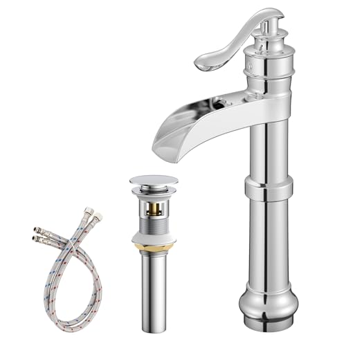 Vessel Sink Faucet, Oil Rubbed Bronze Black Bathroom Faucet, Farmhouse Waterfall Sink Faucet Single Hole with Pop Up Drain Assembly Without Overflow One Hole Mixer Tap Deck Mount