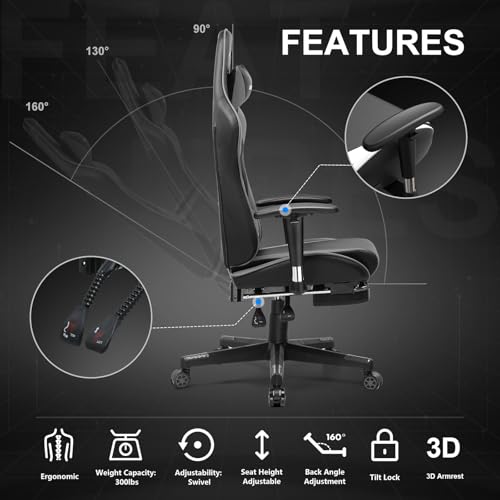 GTRACING Gaming Chair with Footrest, Ergonomic Computer Game Desk Chair, Recline Gaming Chair Seat Height Adjustment, Swivel Rocker with Headrest and Lumbar (Blue)