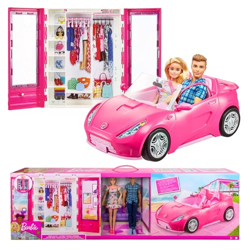 Barbie and Ken Doll with her Wardrobe and Pink Two-Seater Convertible car. Includes Accessories.