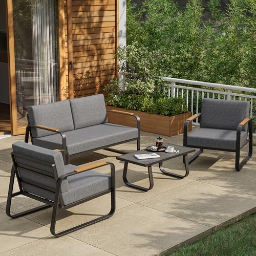 EAST OAK Courtyard Patio Furniture Set, 4-Piece Outdoor Patio Set with Sofa, Removable & Washable Deep Seating Cushion, Tempered Glass Table, Outside Patio Conversation Sets, Black & Dark Grey
