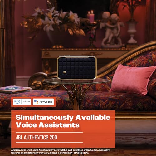 JBL Authentics 200 - Retro Style Smart Home Speaker with Built in Wi-Fi, Bluetooth and Voice Assistants, Alexa and Google Assistant, Multi-Room Playback, Automatic self tuning (Black/Gold)