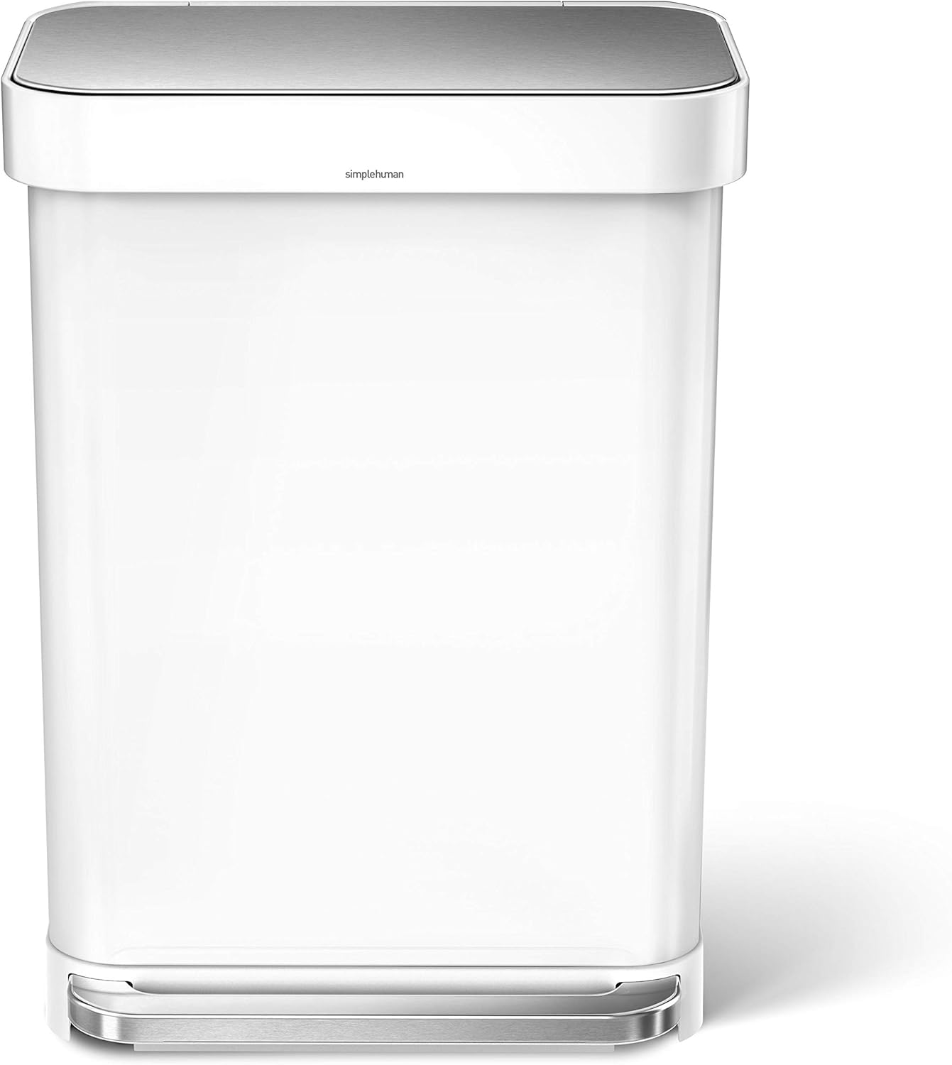 simplehuman 55 Liter Rectangular Kitchen Step Soft-Close Lid, White Stainless Steel Trash can