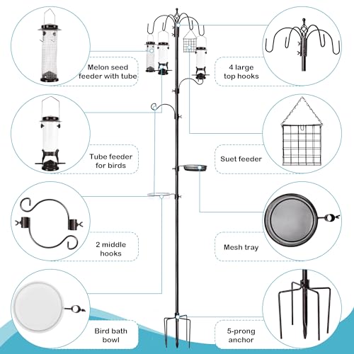 6-Hook Bird Feeding Station Kit, Wild Bird Feeder Stand Pole, Multi-Feeder Kit Stand with 4 Feeders, Bird Bath and Mesh Tray, 94 Inch