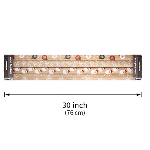 RUSPEPA Christmas Kraft Wrapping Paper - Owl, Reindeer, Christmas Ball and Text Design - 4 Rolls - 30 inches x 10 feet per Roll