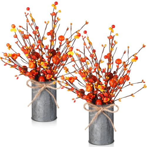 Mimorou 4 Set Artificial Autumn Flowers Table Centerpiece with Vase 6 Pcs Pumpkin Berry Picks 2 Pcs Metal Vases Vintage Artificial Fall Flowers Decor Faux Fall Plants for Thanksgiving Farmhouse Home