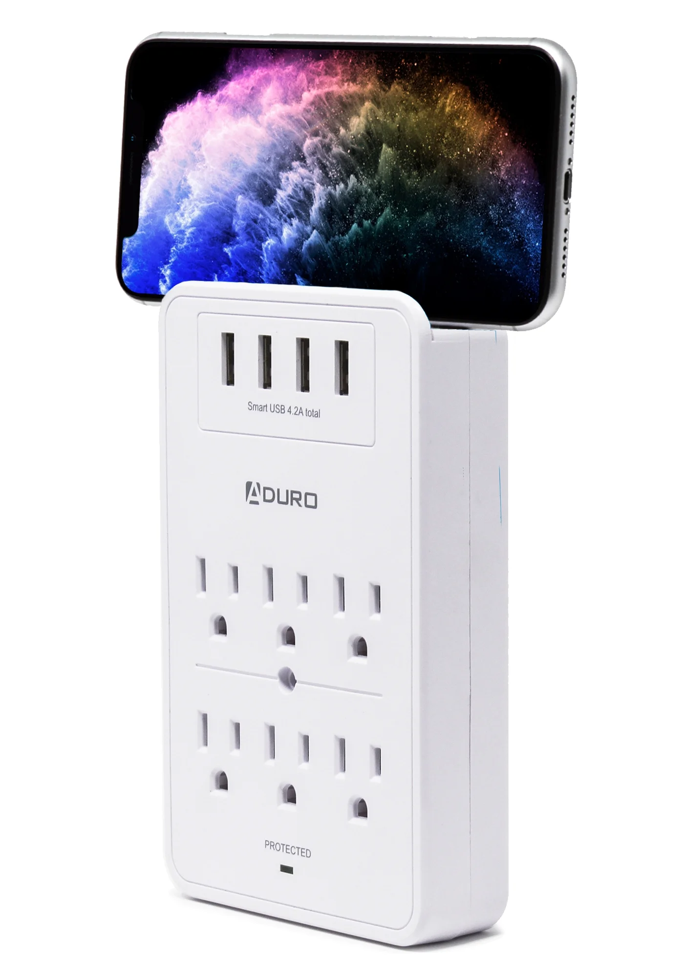 Aduro Surge Protector 6 Outlets Power Strip Station with USB (4 Ports 4.8A) Wall Mount Multiple Outlet Splitter Extender Adapter with Phone Shelf Stand ETL Listed White
