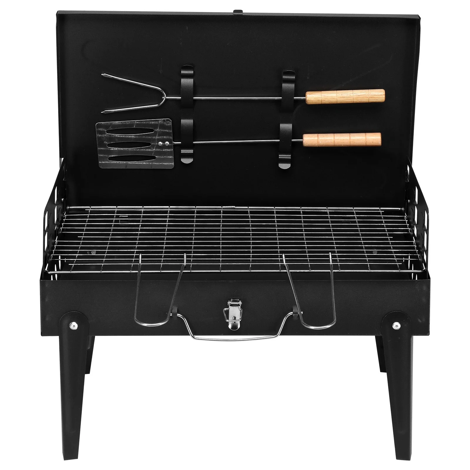 Oufan Portable Square Charcoal Grill With Fork and Shovel for Outdoor Kitchen & Backyard Barbecue, Black