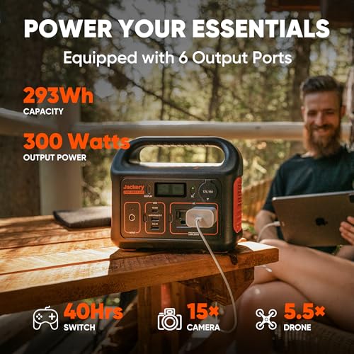 Jackery Solar Generator 300, 293Wh Backup Lithium Battery with Solar Panel SolarSaga 100W, 110V/300W Pure Sine Wave AC Outlet for RV Outdoors Camping Travel Blackout(Extension Cable Included)