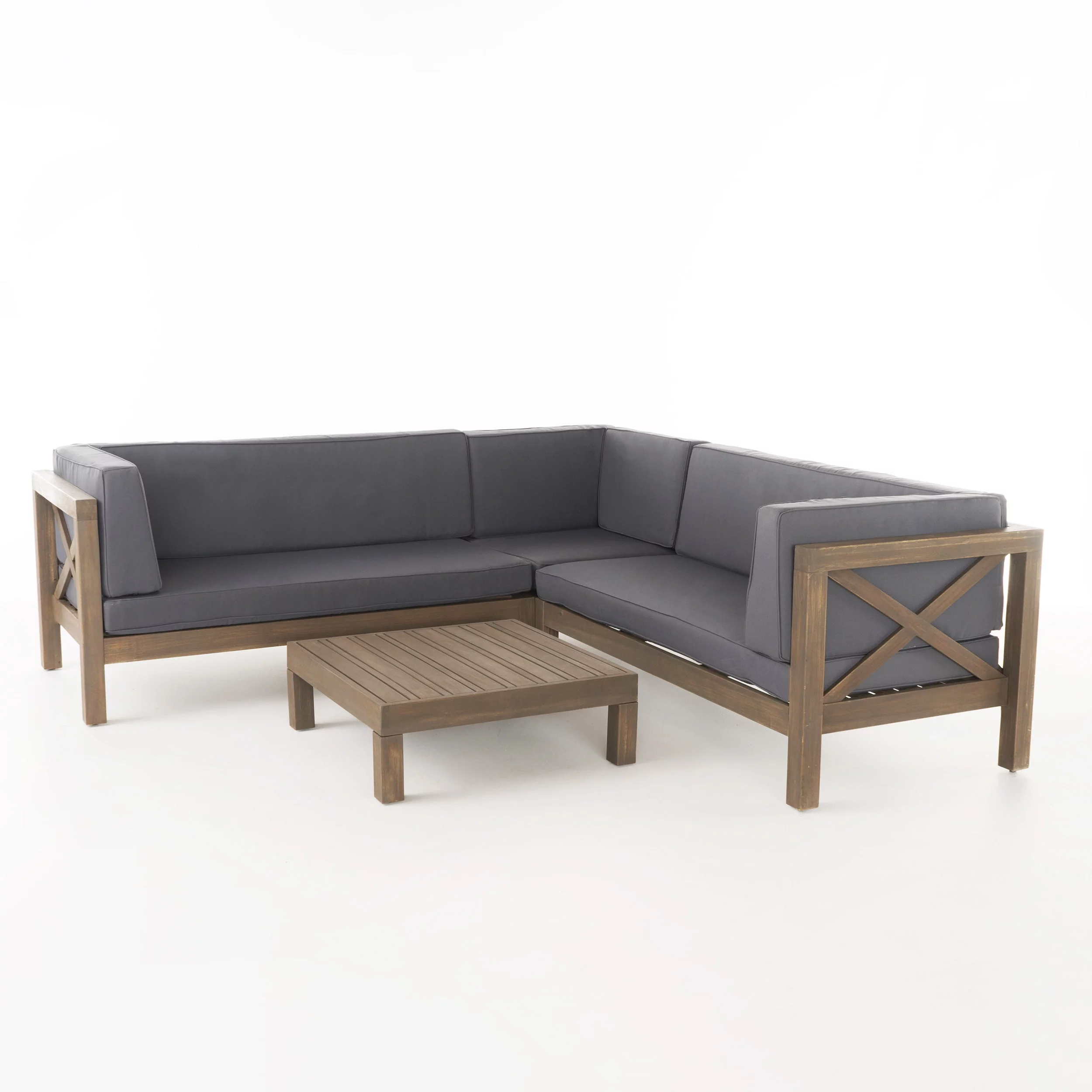 GDF Studio Calle Outdoor 4-Piece 5 Seater Acacia Wood Sectional Sofa Set