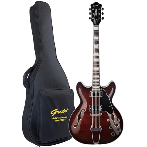 GROTE Jazz Electric Guitar Semi-Hollow Body Trapeze Tailpiece Bridge Guitar Gig Bag (Black)