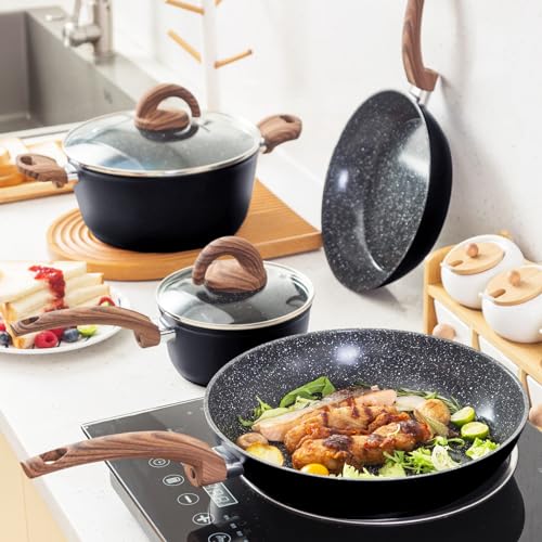 Pots and Pans Set Non Stick, Ceramic Cookware Set with Pattern, Induction Kitchen Cooking Sets w/Frying Pans, Saucepans, Casserole with Lids, Non-Toxic, PTFE/PFOA/PFOS-Free, Black
