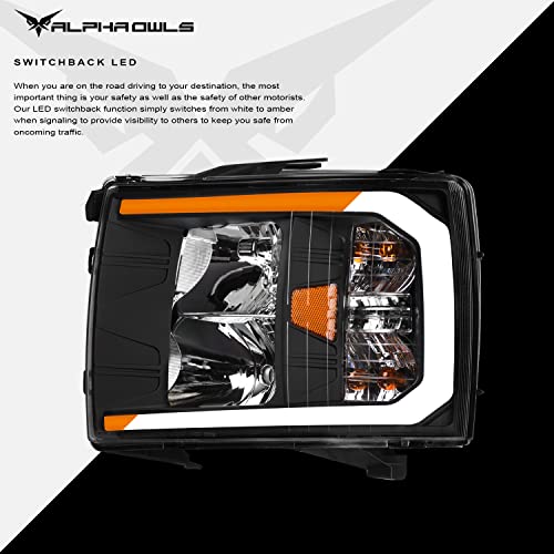Alpha Owls 8712252 Crystal Headlights With Switchback Sequential LED Light Bar & Startup Light - Black Amber Fits 2007-2013 Chevy Silverado 1500/2007-2014 2500 3500 HD Halogen Models