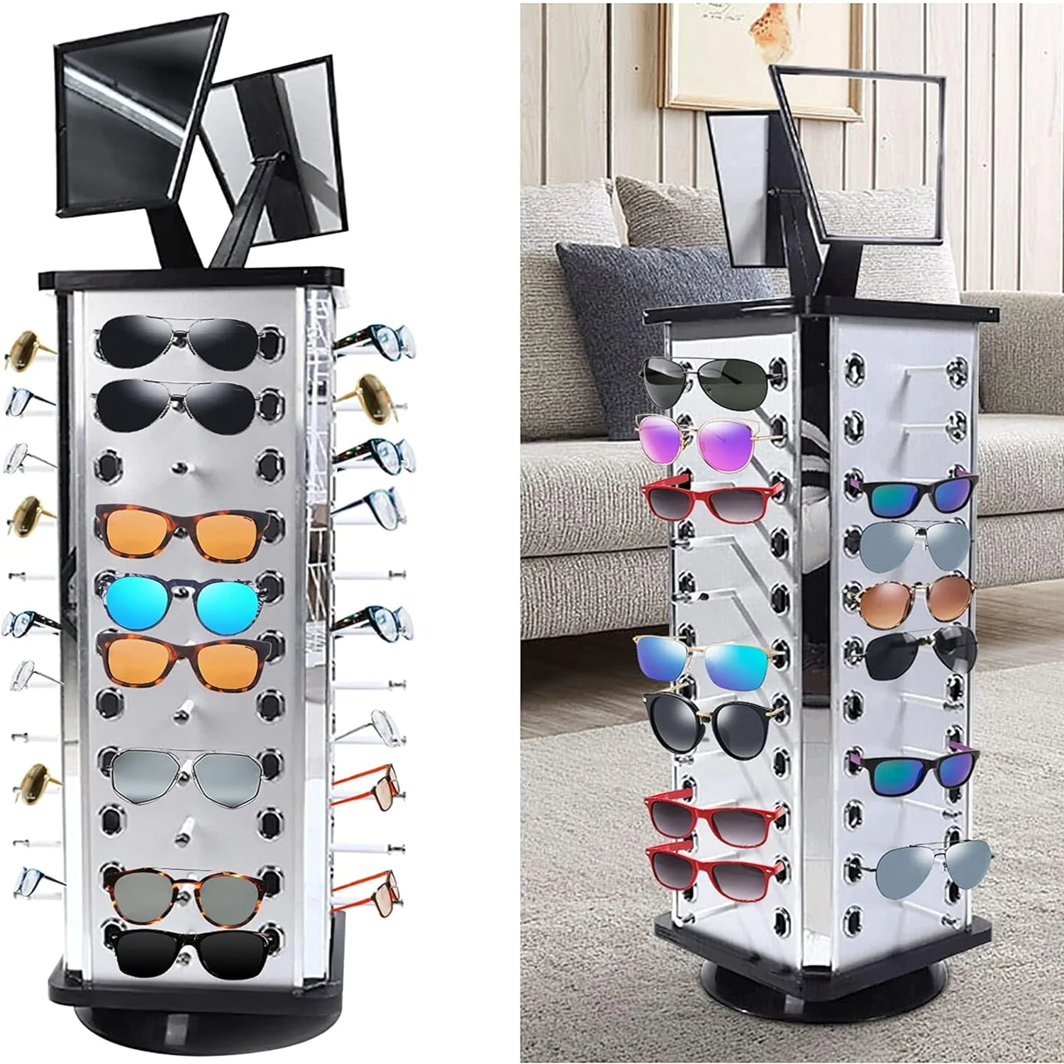Square Rotating Sun Glasses Display Stand Rack, Freestanding 44-Pair 360° Rotating Sun Glasses Holder Organizer with Mirror