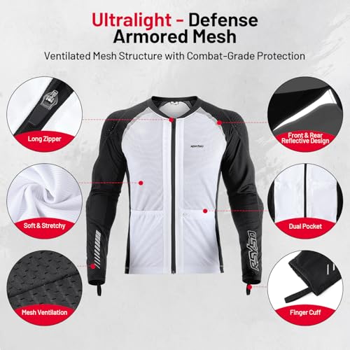 Men's Armored Motorcycle Shirt with CE Certified Protective Mesh Motorcycle Jacket Men with Reflective Strips, All Season Motorcycle Riding Shirt for Motorcycle Bicycle Scooter Riding Gear White