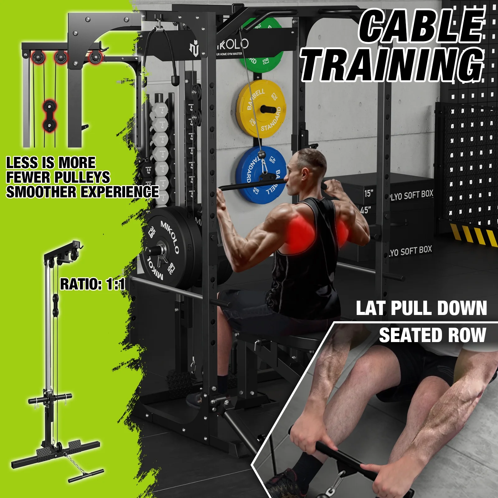 Mikolo Power Rack Cage with LAT Pulldown System,1200LBS Capacity Power Rack, Multi-Functional Squat Rack with 13-Level Adjustable Height and J-Hooks, Dip Bars, T-Bar, Squat Rack (Upgraded)