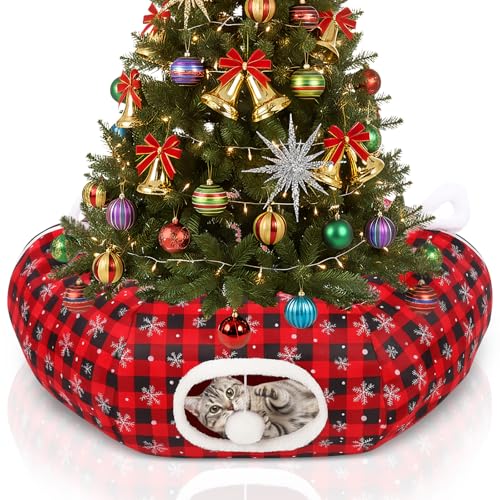 Christmas Cat Bed Tunnel, 3ft x 3ft x 9.8 in, Under Christmas Tree Cat Donut Tunnels Snowflake Buffalo Plaid Peekaboo Kitten Bed with Hanging Ball Decorations Cave for Xmas Tree Decor