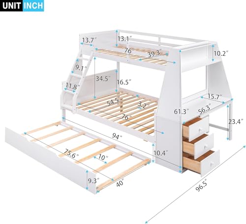 Twin Over Full Bunk Bed with Desk and Trundle, Wooden Bunk Beds Twin over Full Size with Storage Drawers and Shelf ,Storage Bunk Beds with Ladder & Guardrails for Kids Girls Boys ,Grey