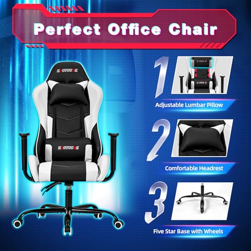 ECOTOUGE PC Massage Gaming Chair with Footrest Ergonomic Office Desk Chair Racing PU Leather Recliner Swivel Rocker with Headrest and Lumbar Pillow, Blue