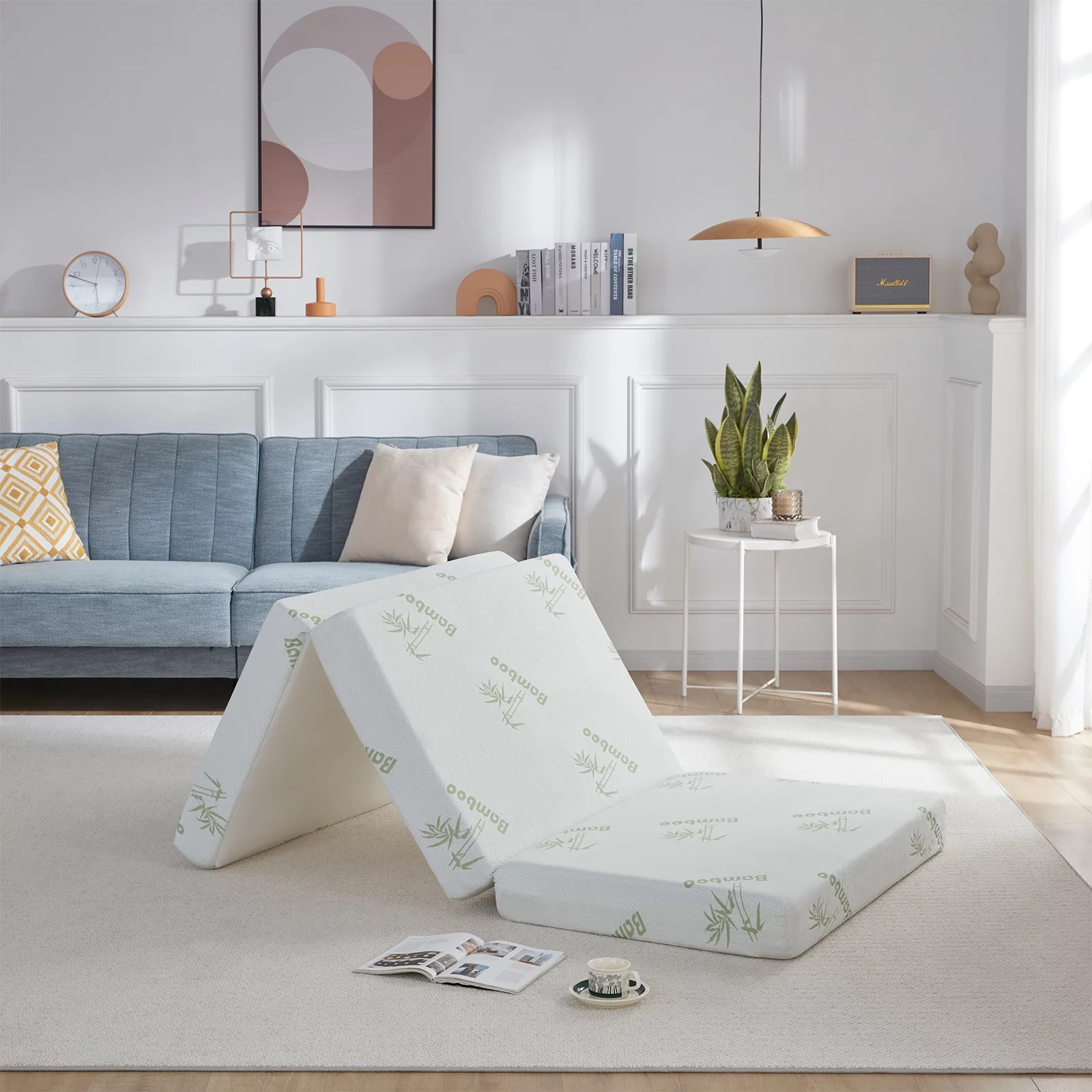 BDEUS 4 Inch Memory Foam Folding Mattress, Foldable Mattress Tri-Folding Mattress Topper with Storage Bag, CertiPUR-US Certified Floor Mattress Guest Bed with Bamboo Cover &Waterproof Lining, Twin