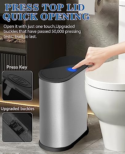 Bathroom Trash Can with Press Top Lid, 2.1 Gallon Small Slim Trash Can, Stainless Steel Narrow Garbage Can Wastebasket Trash Can,Removable Liner Bucket Trash Bin for Bathroom,Bedroom(Silver)