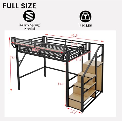 Full Size Loft Bed with Desk and Stairs, Heavy-Duty Steel Loft Bed Frame with Wardrobe & LED Light, Metal Beds Frame with L Shaped Desk and USB for Kids Teens Adults, Black