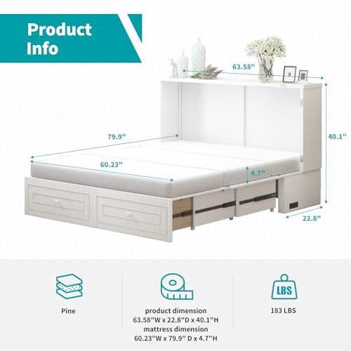 BALUS Murphy Bed,Queen Size Cabinet Murphy Bed with USB Charging Station, Cabinets Cube Chest WallBeds with Memory Folding Mattress, Storage Drawers Guest Beds for Bedroom, Dark Grey