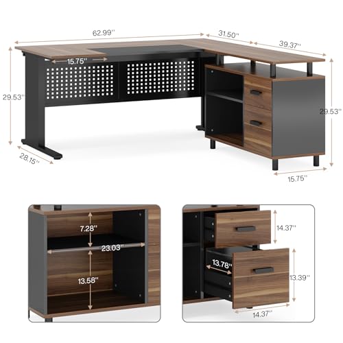 Tribesigns 63 Inch Executive Desk with File Cabinet, Large Office Desk L Shaped Computer Desk with Drawers and Storage Shelves, Business Furniture Desk Workstation for Home Office, Gray and Black