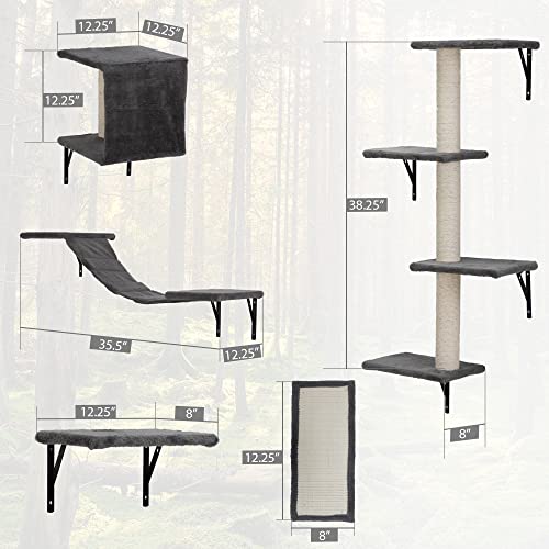Wall Mounted Cat Furniture Set - 5 Piece Cat Shelves with Tree, Perch, Scratcher, Bridge & Condo - Gray