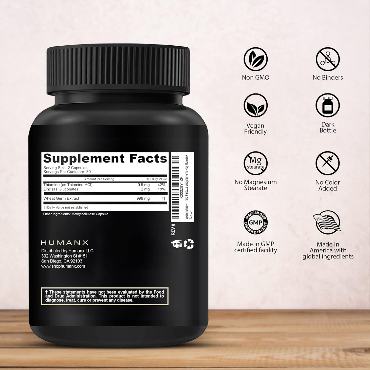 HUMANX Spermidine+ (USA Third Party Tested) - Spermidine-Rich Wheat Germ Extract & Zinc to Activate Cellular Renewal - Non-GMO, Spermidine Capsules - Supports Healthy Aging - Spermidine Supplement